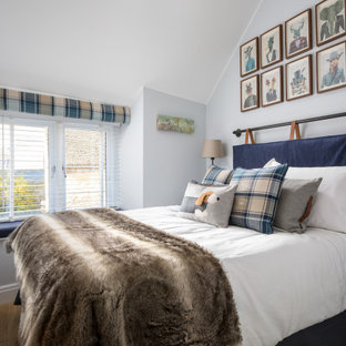 Inspiration for a medium sized eclectic guest bedroom in Gloucestershire with grey walls, medium hardwood flooring, brown floors and a vaulted ceiling.