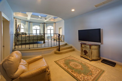 タンパにある広いコンテンポラリースタイルのおしゃれな主寝室 (青い壁、カーペット敷き、暖炉なし)