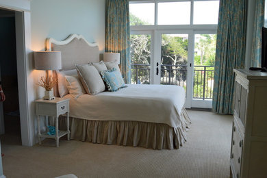 Example of a mid-sized beach style master carpeted and beige floor bedroom design in Atlanta with beige walls and no fireplace