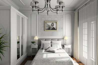 マイアミにあるトラディショナルスタイルのおしゃれな寝室 (白い壁、無垢フローリング)