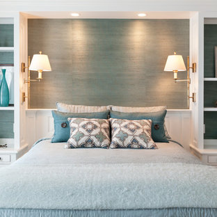 Elegant bedroom photo in Boston with blue walls