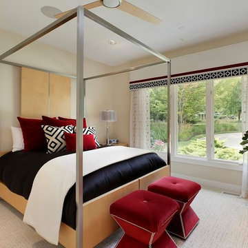 Bedroom with Contemporary Four-Poster Bed and Hourglass Ottomans