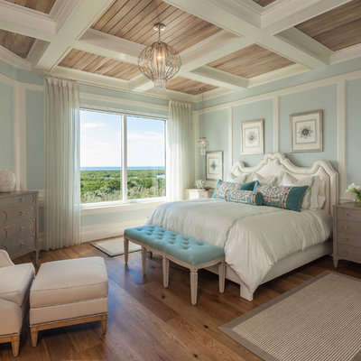 Example of a large beach style master medium tone wood floor bedroom design in Miami with blue walls