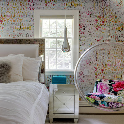 Inspiration for an eclectic master carpeted bedroom remodel in Boston with multicolored walls