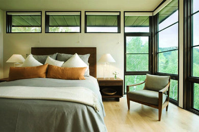 Example of a trendy light wood floor bedroom design in Denver with white walls and no fireplace