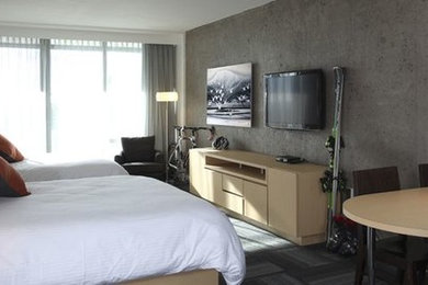 Modelo de dormitorio tipo loft contemporáneo de tamaño medio sin chimenea con paredes grises y moqueta