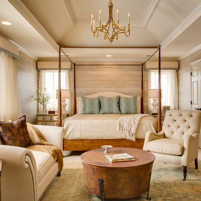 Inspiration for a large rustic master carpeted bedroom remodel in Kansas City with beige walls and no fireplace
