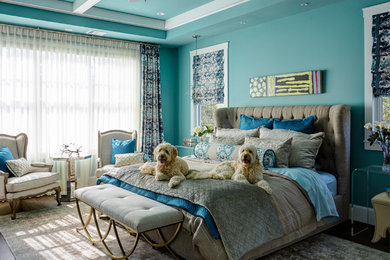 Bedroom - transitional dark wood floor and brown floor bedroom idea in Chicago with blue walls