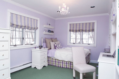 Mid-sized transitional carpeted bedroom photo in New York with purple walls
