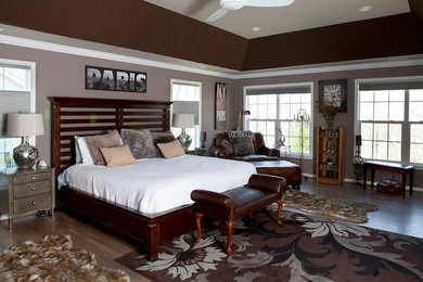 Large trendy master dark wood floor bedroom photo in Philadelphia with brown walls