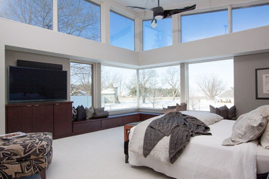 Example of a large transitional master carpeted bedroom design in Cleveland with white walls and no fireplace
