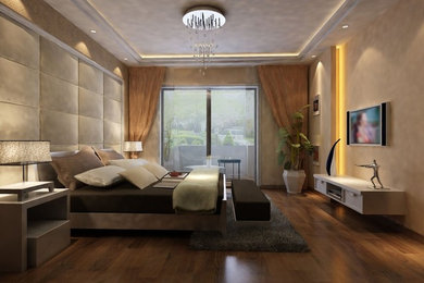 Bedroom - large master dark wood floor bedroom idea in Calgary with beige walls and no fireplace