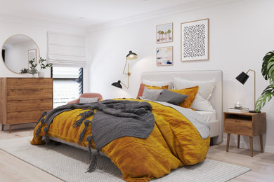 Example of a large 1960s master light wood floor and gray floor bedroom design in Brisbane with white walls