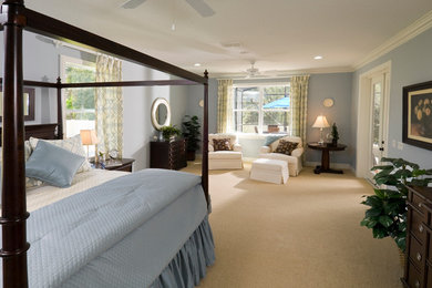 Свежая идея для дизайна: хозяйская спальня в стиле неоклассика (современная классика) с синими стенами - отличное фото интерьера