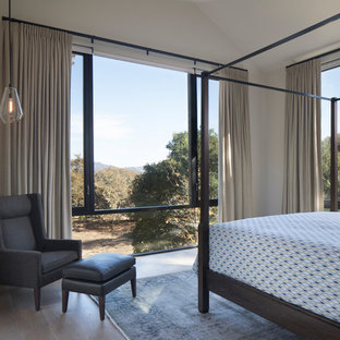 Diseño de habitación de invitados minimalista, de tamaño medio, con paredes amarillas, suelo de madera clara y suelo beige