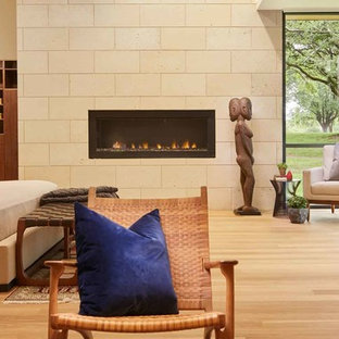 Ejemplo de dormitorio principal, minimalista, grande, con paredes beige, suelo de madera en tonos medios, chimenea lineal, marco de chimenea de piedra y suelo marrón