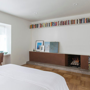 Photo of a mid-sized contemporary guest bedroom in San Francisco with white walls, medium hardwood floors, a standard fireplace and a metal fireplace surround.