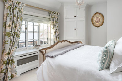 他の地域にある中くらいなトラディショナルスタイルのおしゃれな主寝室 (グレーの壁、カーペット敷き、ベージュの床) のレイアウト