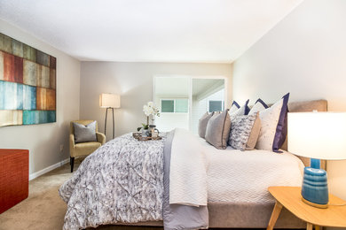 Imagen de habitación de invitados minimalista grande con paredes blancas y moqueta
