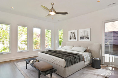 シカゴにある広いコンテンポラリースタイルのおしゃれな主寝室 (白い壁、濃色無垢フローリング、暖炉なし、茶色い床) のレイアウト