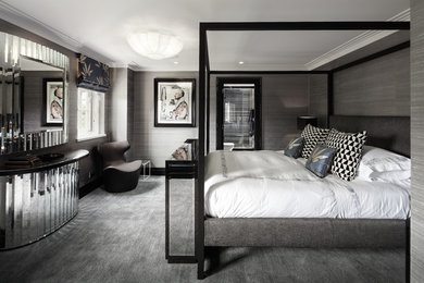 広いコンテンポラリースタイルのおしゃれな客用寝室 (グレーの壁、カーペット敷き、グレーの床)