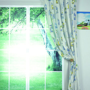Birdhouses Tab Top Printed Cotton Curtain Cerulean Frost Color