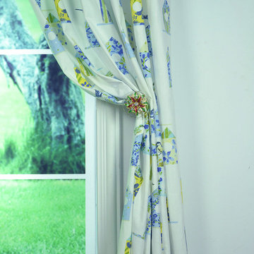 Birdhouses Tab Top Printed Cotton Curtain Holdback Cerulean Frost Color