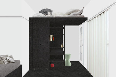 Foto de dormitorio tipo loft pequeño con paredes blancas, suelo de madera pintada y suelo negro