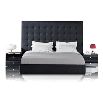 Black Leather Bed with Tall Tufted Headboard