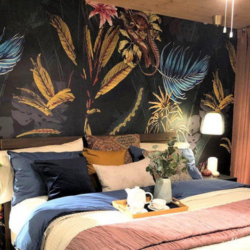 Black Tropical Wallpaper in a Bedroom from AboutMurals.ca