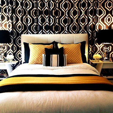 Black, White and Gold / Yellow Bedroom With Curtain Backdrop