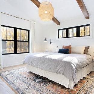Ispirazione per una grande camera matrimoniale scandinava con pareti bianche, parquet chiaro, nessun camino e pavimento beige