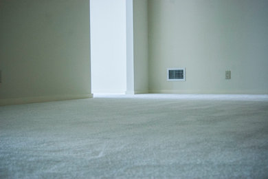 Large minimalist guest carpeted and white floor bedroom photo in Detroit with beige walls and no fireplace