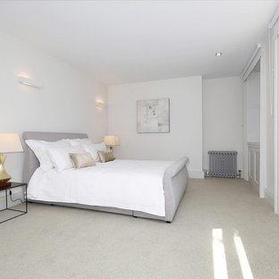 Design ideas for a large contemporary master bedroom in London with white walls, carpet, no fireplace and grey floors.