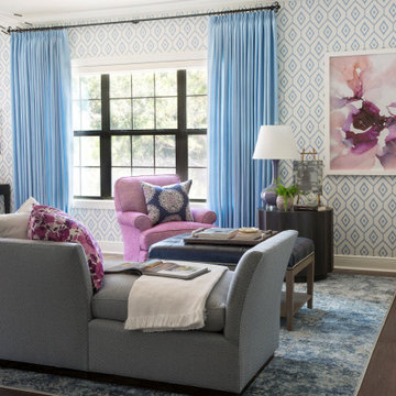 Blue and Lavender Bedroom with Seating Area