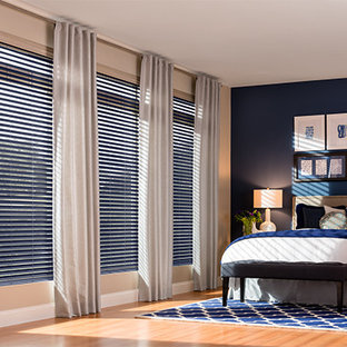Inspiration for a large modern master medium tone wood floor bedroom remodel in Denver with blue walls