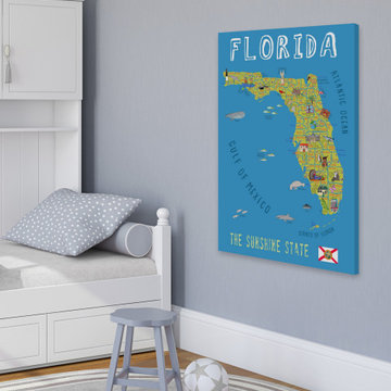 "Blue Florida Map" Painting Print on Wrapped Canvas