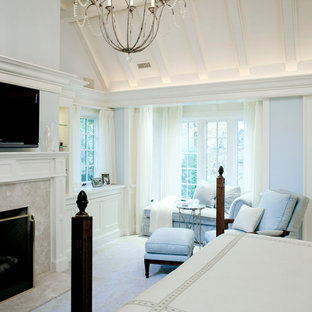 Mid-sized traditional master bedroom in Boston with blue walls, carpet, a standard fireplace, a stone fireplace surround and beige floor.
