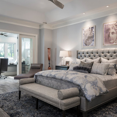 Bedroom - transitional master dark wood floor and brown floor bedroom idea in Miami with gray walls