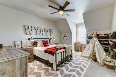 Farmhouse carpeted and gray floor bedroom photo in Oklahoma City with gray walls