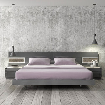 Braga Contemporary Platform Bed / Grey Lacquer Wood