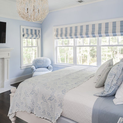 Mid-sized beach style master dark wood floor bedroom photo in New York with blue walls and a standard fireplace