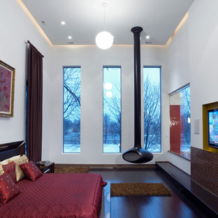 Geräumiges Modernes Schlafzimmer im Loft-Style mit beiger Wandfarbe, dunklem Holzboden und Hängekamin in Chicago