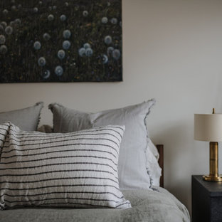 Foto de dormitorio tipo loft, moderno, con paredes blancas, suelo de madera clara, chimenea de doble cara y marco de chimenea de yeso