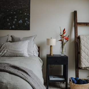 Foto de dormitorio tipo loft, minimalista, con paredes blancas, suelo de madera clara, chimenea de doble cara y marco de chimenea de yeso