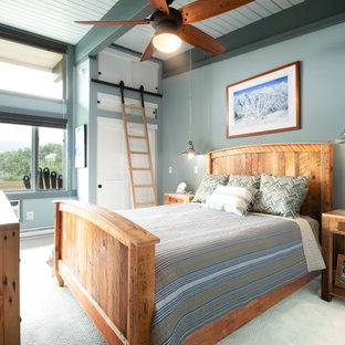 Imagen de habitación de invitados industrial, grande, con paredes grises, moqueta y suelo verde