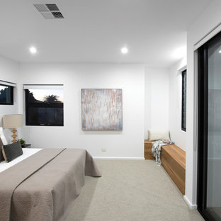 Large contemporary guest bedroom in Newcastle - Maitland with white walls, carpet and grey floor.