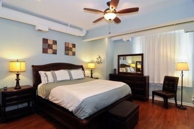 Example of a mid-sized trendy master dark wood floor bedroom design in Chicago with blue walls and no fireplace