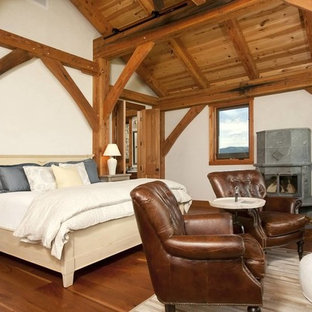 Modelo de dormitorio rústico, grande, con paredes blancas, suelo de madera en tonos medios, chimenea tradicional, marco de chimenea de metal y suelo marrón