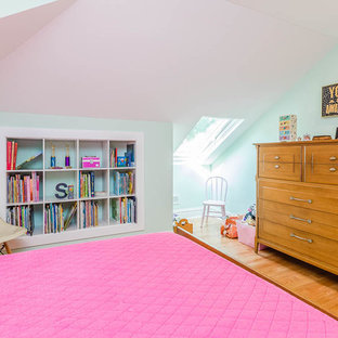 Foto de habitación de invitados de estilo americano con paredes verdes, suelo de madera en tonos medios y suelo marrón